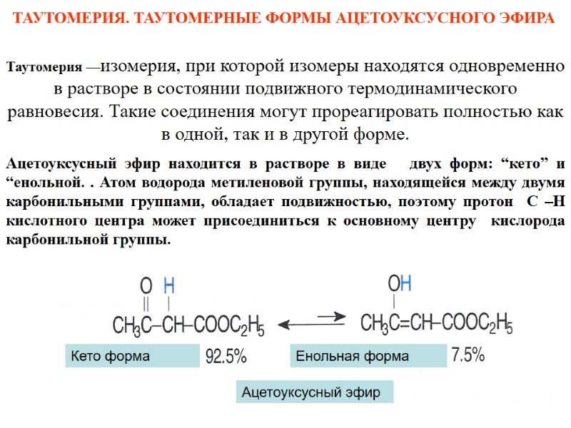 Ацетоуксусный эфир КЕТО форма Кето форма Енольная форма Таутомерия —изомерия, при которой изомеры находятся